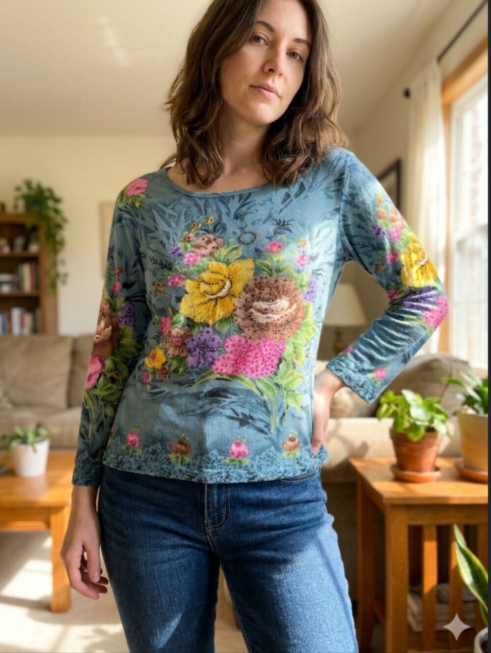 Vintage Le Mieux Studio Floral Embellished Top Blue Boho Chic Beads Sz L